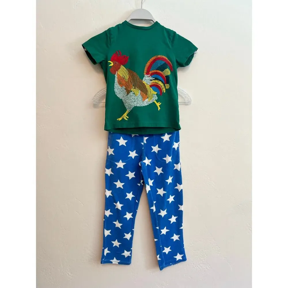 Mini Boden Boys Rooster Tee Shirt & Star Fleece Lounge Pants Set Size: 5-6 Years